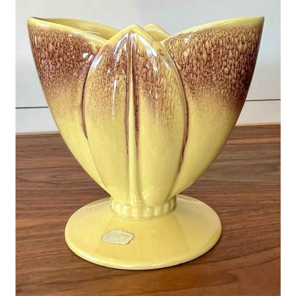 Royal Haeger Glazed Ceramic Yellow Brown Tulip Vase Ceramic Blended Beaded Base